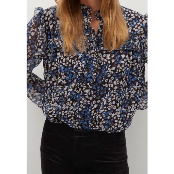 MNG Tops - Mango Brown Blue & White Floral Ruffled Long Sleeve Blouse Preppy Summer | Sz 4